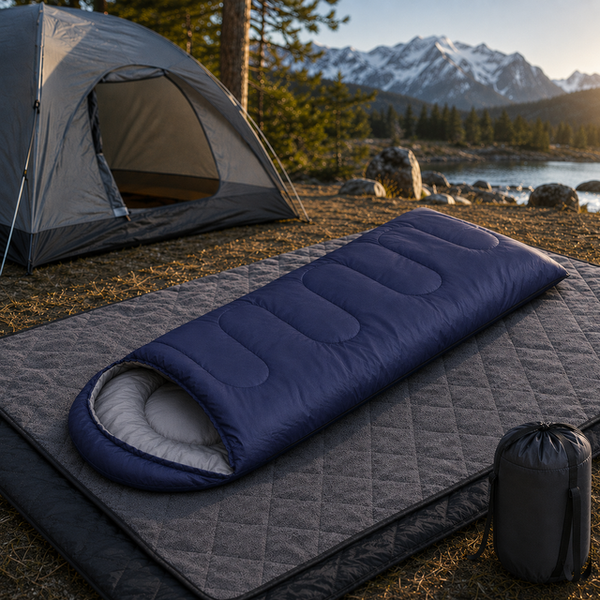 2-in-1 Winter Camping Warmth Kit with Carry Bag:  210 * 75cm Navy Blue Portable Waterproof Warm Sleeping Bag and 200 * 140cm Large Black Double Layer Waterproof Fleece Camping Blanket for Hiking Travel Indoor Outdoor Use