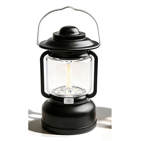 Black Vintage LED Outdoor Camping Lantern with Warm Ambient Light - 7 Lighting Modes, 24H Long Runtime, USB-C Rechargeable, Stepless Dimming and Hanging Tent Light