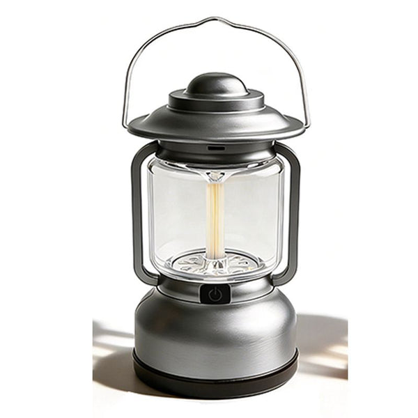 Silver and Grey Vintage LED Outdoor Camping Lantern with Warm Ambient Light - 7 Lighting Modes, 24H Long Runtime, USB-C Rechargeable, Stepless Dimming and Hanging Tent Light
