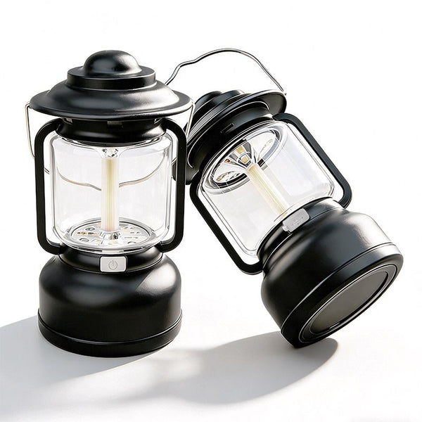 2PCS Black Vintage LED Outdoor Camping Lantern with Warm Ambient Light - 7 Lighting Modes, 24H Long Runtime, USB-C Rechargeable, Stepless Dimming and Hanging Tent Light