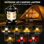 2PCS Black Vintage LED Outdoor Camping Lantern with Warm Ambient Light - 7 Lighting Modes, 24H Long Runtime, USB-C Rechargeable, Stepless Dimming and Hanging Tent Light