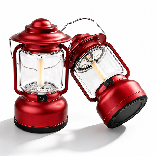 2PCS Red Vintage LED Outdoor Camping Lantern with Warm Ambient Light - 7 Lighting Modes, 24H Long Runtime, USB-C Rechargeable, Stepless Dimming and Hanging Tent Light