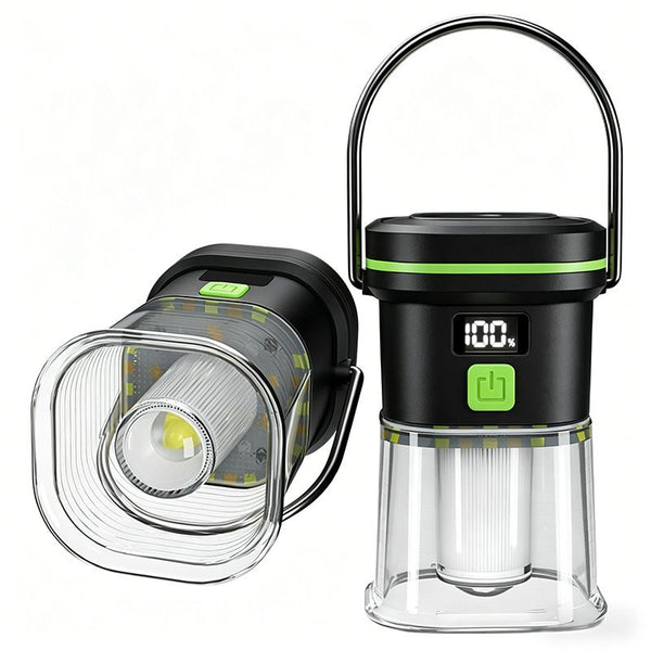 LY27 Black and Green Compact LED Camping Lantern with Spotlight and Ambient Light, USB-C Rechargeable Outdoor Emergency Tent Light - Digital Battery Display, 7 Lighting Modes, 100m Beam Range & Hanging Hook