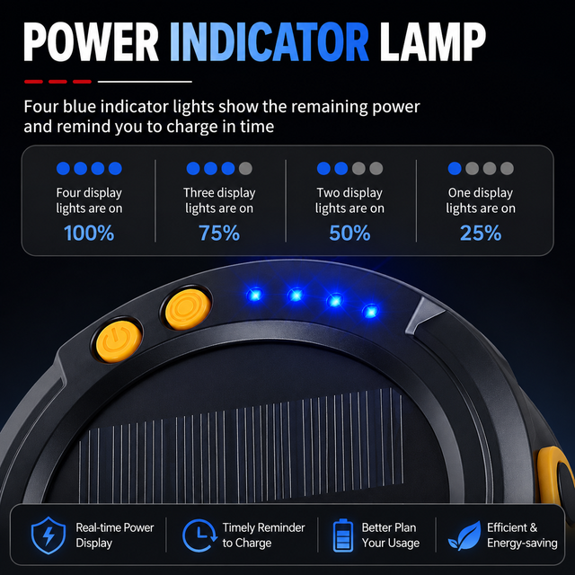 LY20 Black and Yellow Compact Solar Camping Lantern for Home Travel Use, Outdoor LED Tent Lamp and Hanging Light - 4 Lighting Modes and 3 Levels Brightness Adjustment, LED Power Display, Solar & USB-C Dual Charging