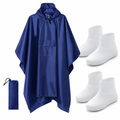 3-in-1 Blue Camping Rain Poncho / Outdoor Shelter Tarp / Ground Sheet (82.7 x 55 inch) with 2 Pairs Rain Shoe Covers - Large Backpack Coverage, Drawstring Hood and Carry Bag for Hiking Trekking Cycling Use