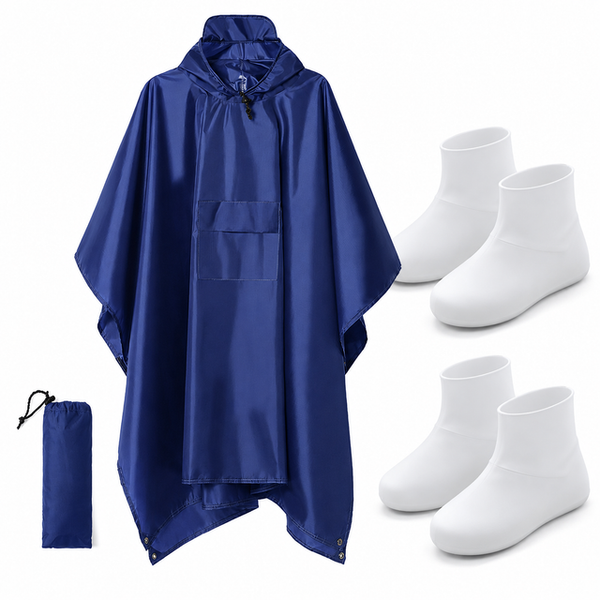 3-in-1 Blue Camping Rain Poncho / Outdoor Shelter Tarp / Ground Sheet (82.7 x 55 inch) with 2 Pairs Rain Shoe Covers - Large Backpack Coverage, Drawstring Hood and Carry Bag for Hiking Trekking Cycling Use