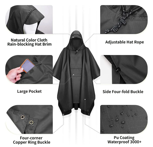 3-in-1 Blue Camping Rain Poncho / Outdoor Shelter Tarp / Ground Sheet (82.7 x 55 inch) with 2 Pairs Rain Shoe Covers - Large Backpack Coverage, Drawstring Hood and Carry Bag for Hiking Trekking Cycling Use