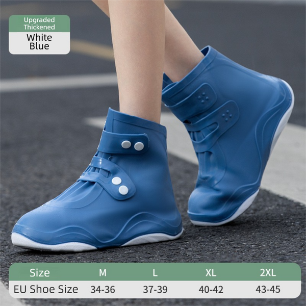 Thickened Waterproof Silicone Rain Shoe Covers with Adjustable Double Buckle Closure, Durable Non-Slip Reusable Overshoes for Men and Women Hiking Camping Daily Use, Blue White Blocking, M Size (EU 34-36)