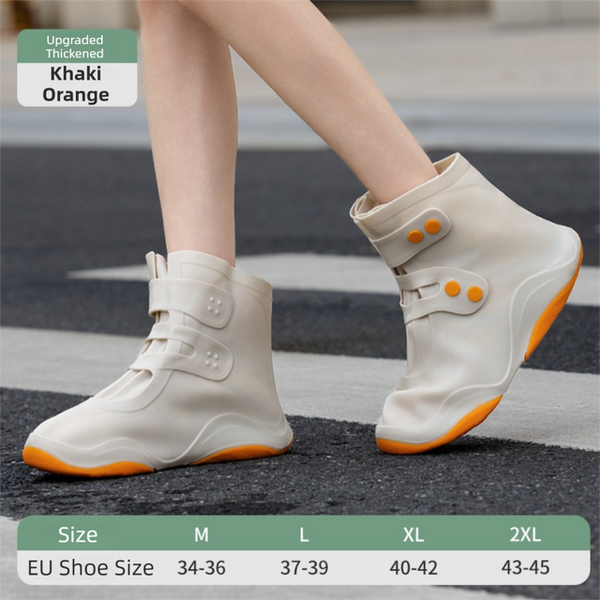 Thickened Waterproof Silicone Rain Shoe Covers with Adjustable Double Buckle Closure, Durable Non-Slip Reusable Overshoes for Men and Women Hiking Camping Daily Use, Khaki Orange Blocking, L Size (EU 37-39)