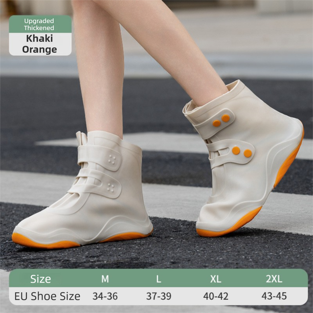 Thickened Waterproof Silicone Rain Shoe Covers with Adjustable Double Buckle Closure, Durable Non-Slip Reusable Overshoes for Men and Women Hiking Camping Daily Use, Khaki Orange Blocking, XL Size (EU 40-42)