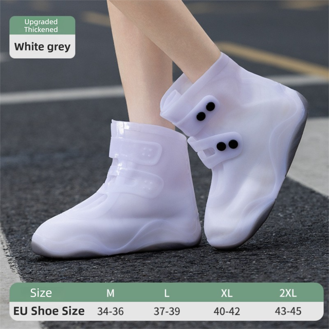 Thickened Waterproof Silicone Rain Shoe Covers with Adjustable Double Buckle Closure, Durable Non-Slip Reusable Overshoes for Men and Women Hiking Camping Daily Use, Grey White Blocking, M Size (EU 34-36)