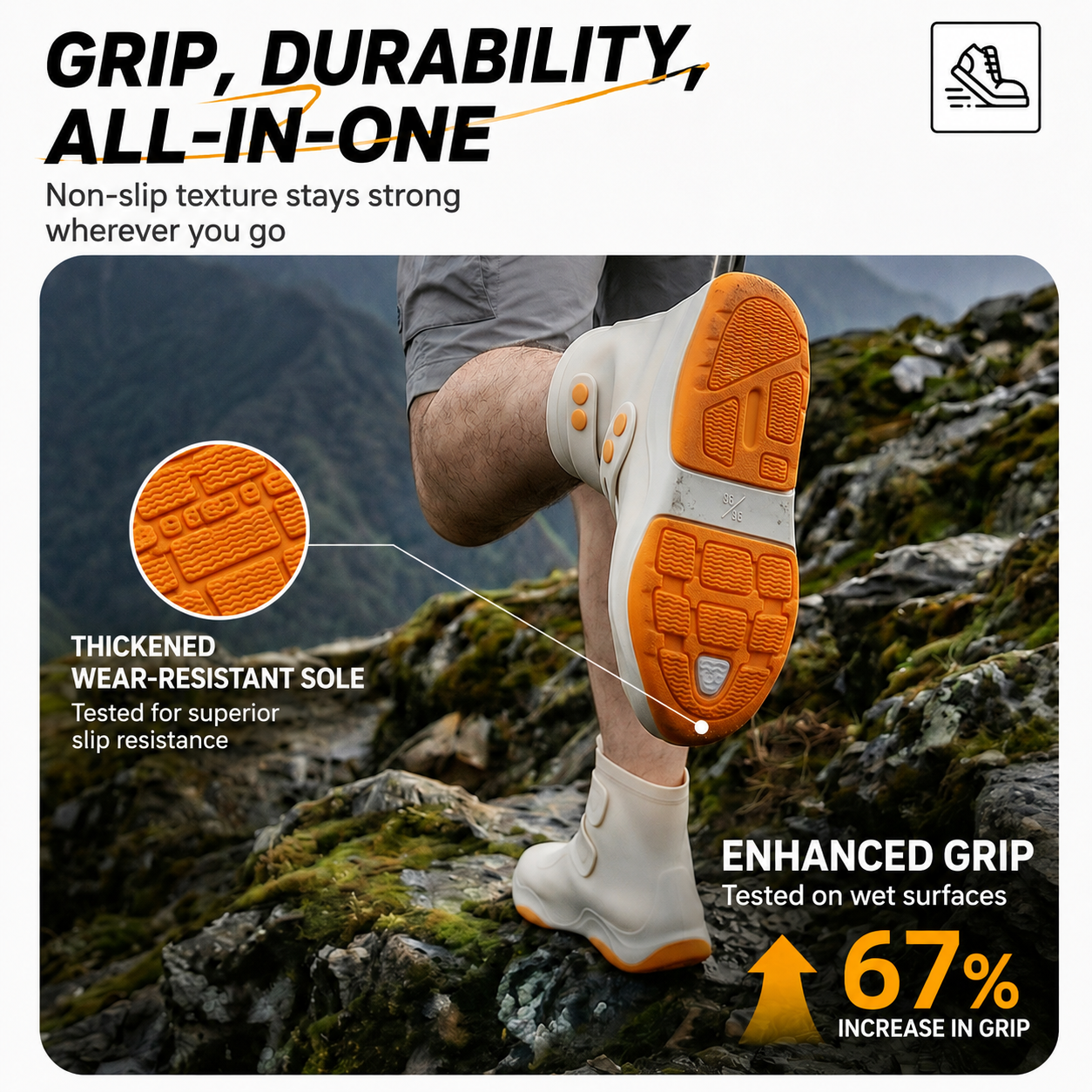 Thickened Waterproof Silicone Rain Shoe Covers and USB Powered Telescopic 3-Setting Timer Shoe Dryer Set for Rainy Season Commuting Camping Hiking Use, Reusable Non-Slip Overshoes with Double Buckle Closure, Khaki Orange Blocking, M Size (EU 34-36)