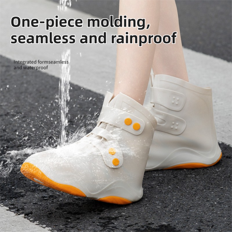 Thickened Waterproof Silicone Rain Shoe Covers and USB Powered Telescopic 3-Setting Timer Shoe Dryer Set for Rainy Season Commuting Camping Hiking Use, Reusable Non-Slip Overshoes with Double Buckle Closure, Khaki Orange Blocking, L Size (EU 37-39)