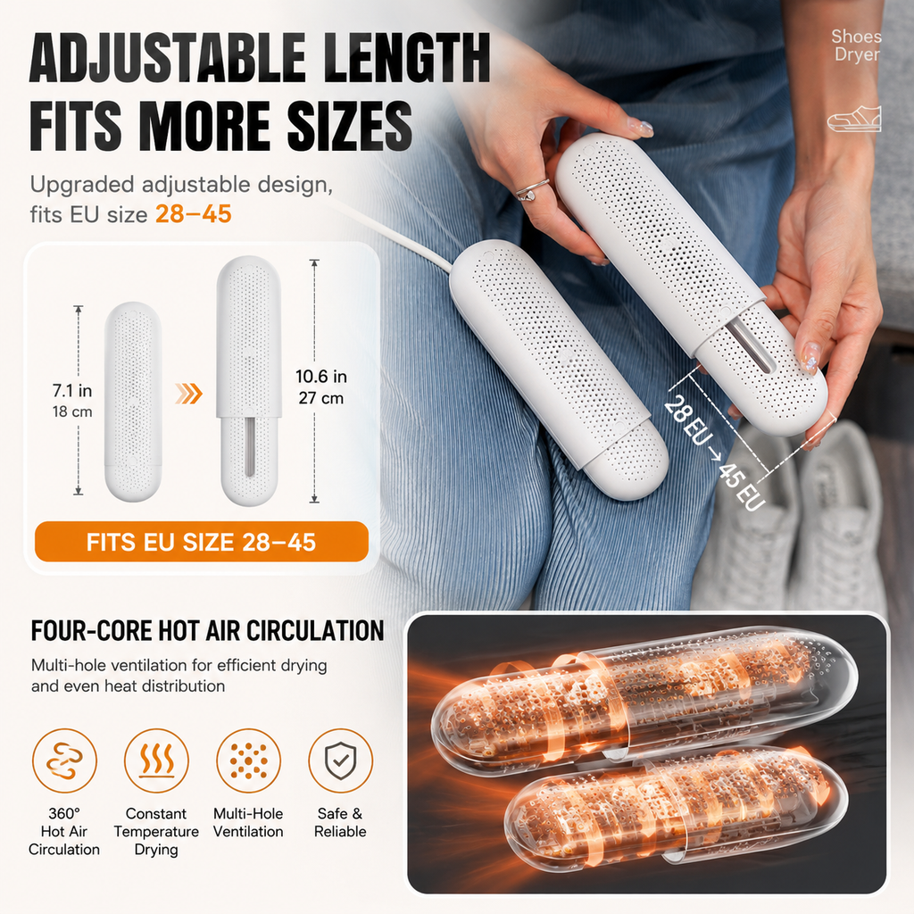 Thickened Waterproof Silicone Rain Shoe Covers and USB Powered Telescopic 3-Setting Timer Shoe Dryer Set for Rainy Season Commuting Camping Hiking Use, Reusable Non-Slip Overshoes with Double Buckle Closure, Khaki Orange Blocking, XL Size (EU 40-42)