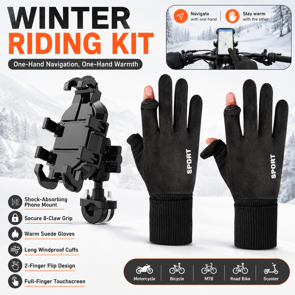 Motorcycle and Bike Winter Riding Combo Set (Phone Mount and Winter Gloves)