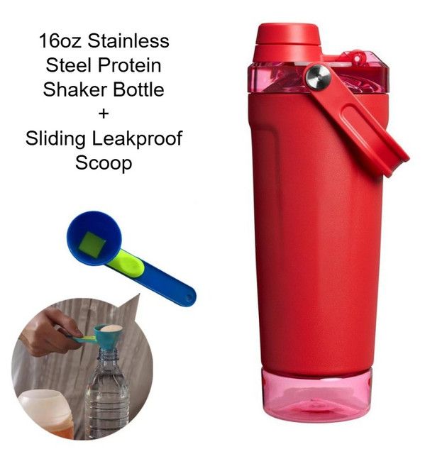 Red Sports Nutritional Drinkware Set with 16oz Stainless Steel Protein Shaker Bottle and Sliding Anti-spill Scoop - Vacuum Insulated Gym Flask with Detachable Bottom Storage Capsule and Quick-Open Lid, Filter Net & Portable Handle for Gym and Outdoor Wo
