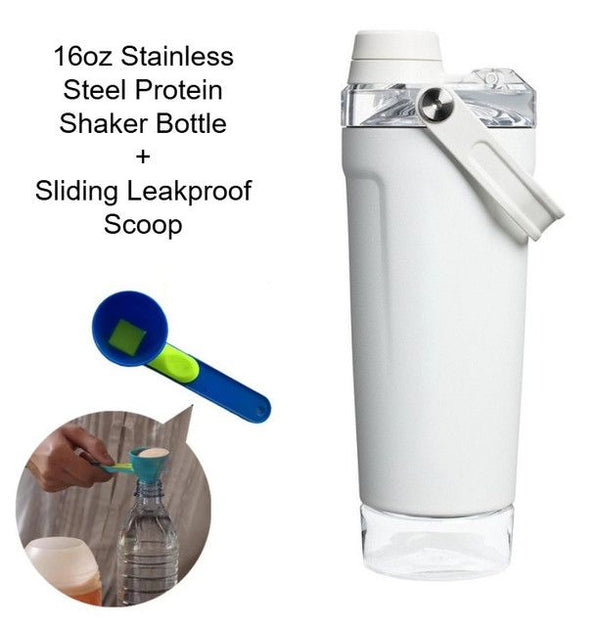 White Sports Nutritional Drinkware Set with 16oz Stainless Steel Protein Shaker Bottle and Sliding Anti-spill Scoop - Vacuum Insulated Gym Flask with Detachable Bottom Storage Capsule and Quick-Open Lid, Filter Net & Portable Handle for Gym and Outdoor Wo