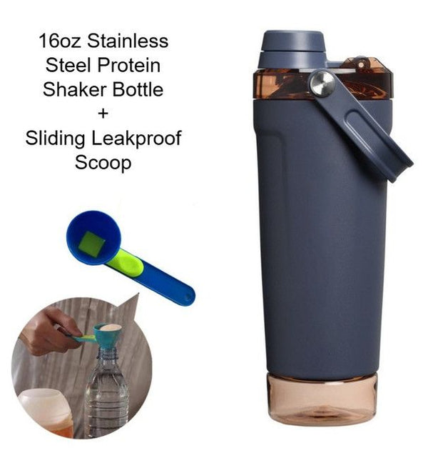 Navy Blue Sports Nutritional Drinkware Set with 16oz Stainless Steel Protein Shaker Bottle and Sliding Anti-spill Scoop - Vacuum Insulated Gym Flask with Detachable Bottom Storage Capsule and Quick-Open Lid, Filter Net & Portable Handle for Gym and Outdoo
