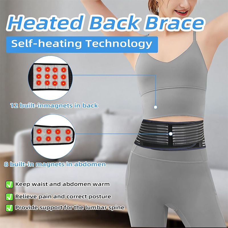 Self Heating Magnetic Therapy Back & Abdomen Compression Brace with 2 Adjustable Elasticity Straps– Breathable Posture Corrector and Lumbar Support Belt for Back Pain Relief, Black S Size