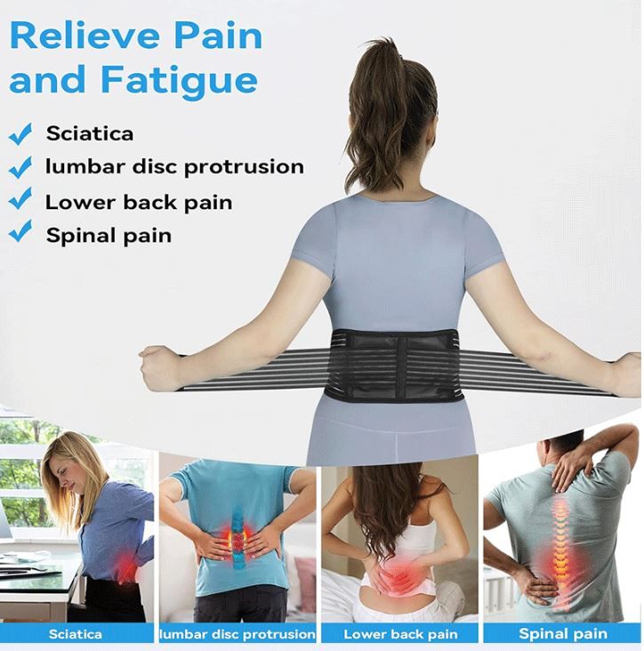 Self Heating Magnetic Therapy Back & Abdomen Compression Brace with 2 Adjustable Elasticity Straps– Breathable Posture Corrector and Lumbar Support Belt for Back Pain Relief, Black S Size