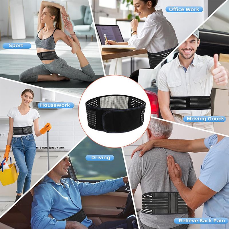 Self Heating Magnetic Therapy Back & Abdomen Compression Brace with 2 Adjustable Elasticity Straps– Breathable Posture Corrector and Lumbar Support Belt for Back Pain Relief, Black S Size