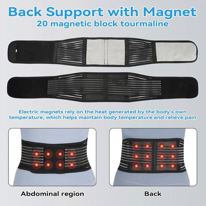 Self Heating Magnetic Therapy Back & Abdomen Compression Brace with 2 Adjustable Elasticity Straps– Breathable Posture Corrector and Lumbar Support Belt for Back Pain Relief, Black M Size