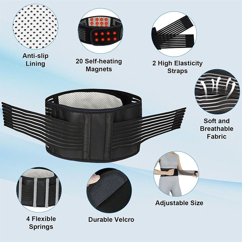 Self Heating Magnetic Therapy Back & Abdomen Compression Brace with 2 Adjustable Elasticity Straps– Breathable Posture Corrector and Lumbar Support Belt for Back Pain Relief, Black M Size