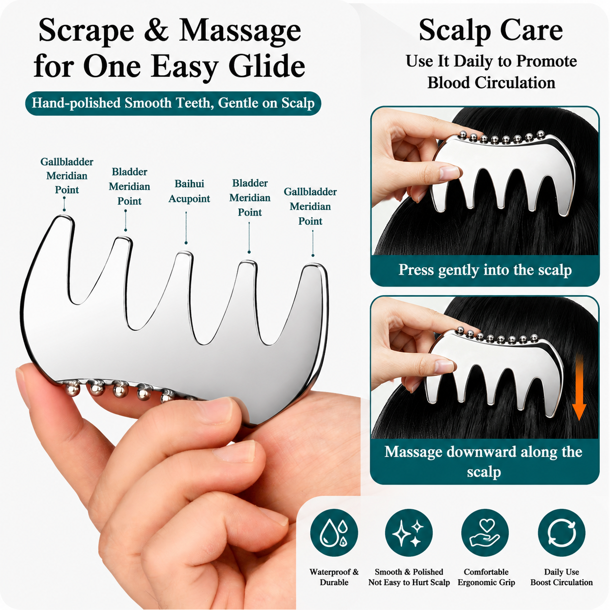 304 Stainless Steel Duoble-Sided Scalp Massage Comb & Gua Sha Relaxation Tool with Velvet Storage Bag – Head, Neck & Body Relaxation Massage Scraper
