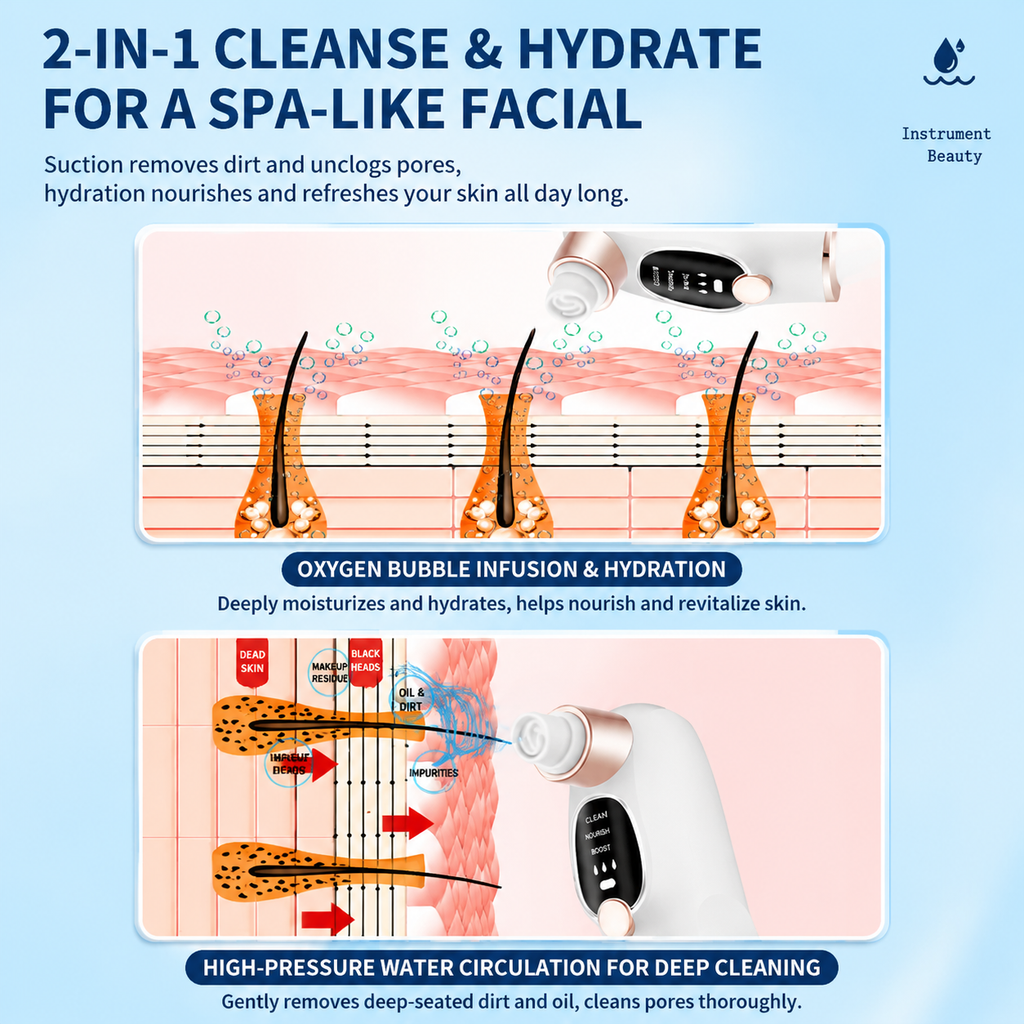 2-in-1 Microbubble Oxygen Hydration Facial Pore Cleaner with Waste Separation Design, 3 Level Suction and 6 Replaceable Heads - Vacumn Pore Cleanser and Microbubble Oxygen Hydration Device for Home & Travel Skincare