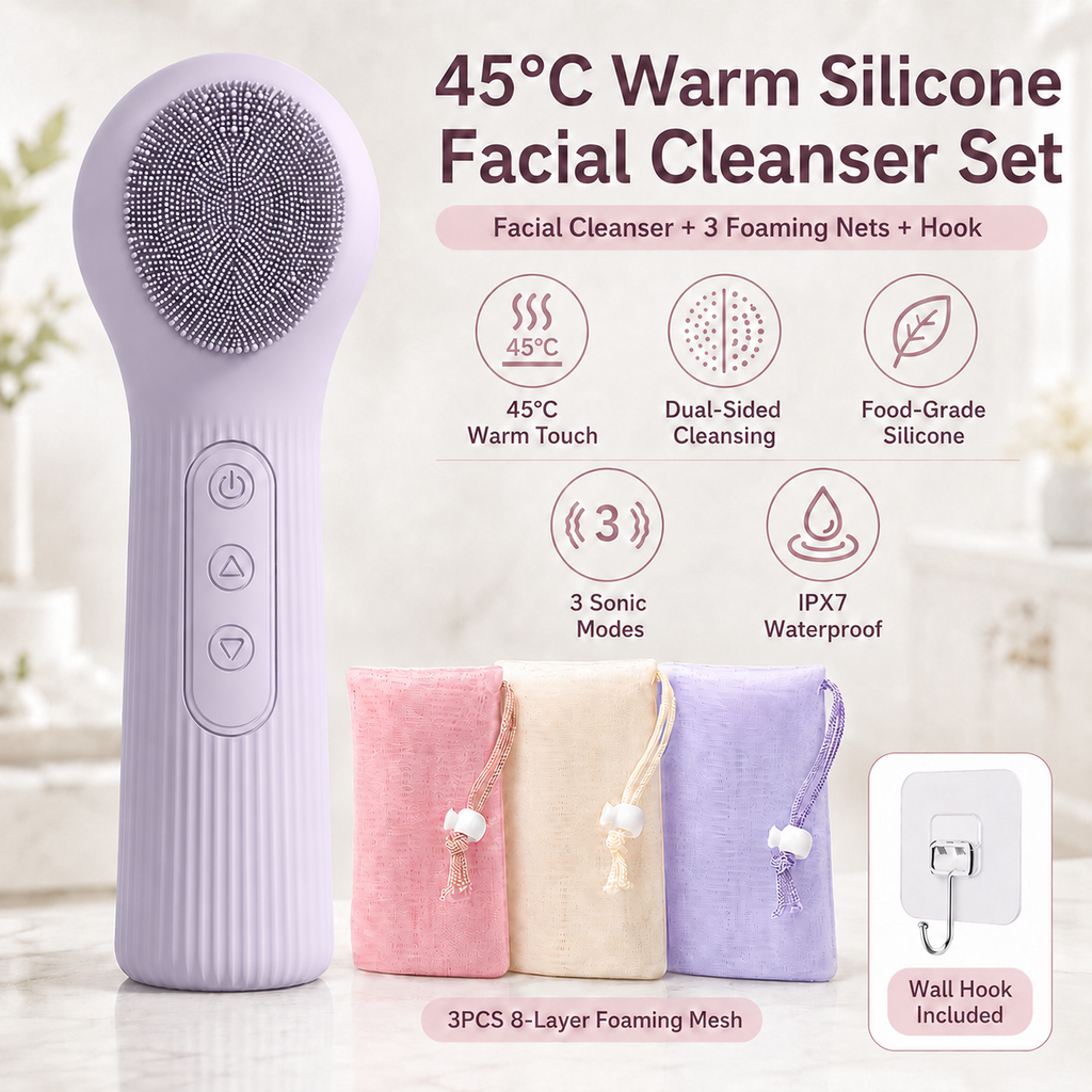 Purple 45°C Constant Heating Silicone Facial Cleansing Brush and 3pcs 8-Layer Fine Foaming Nets Set - Electric Sonic Face Scrubber with Dual-Sided Cleaning Surface & 3-Speed Vibration Massage, IPX7 Waterproof Skincare Absorption and Massage Device