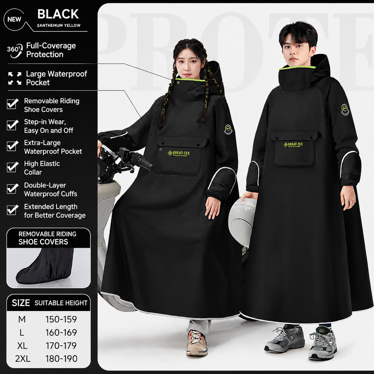 Black Full Coverage & Extended Cycling Hooded Rain Poncho with Detachable Shoe Covers, L Size – Thickened Waterproof Oxford Motorcycle Raincoat with Face-Protection Elastic Collar, Large Storage Pocket and Foldable Sleeve Cover for Men Women Outdoor Use