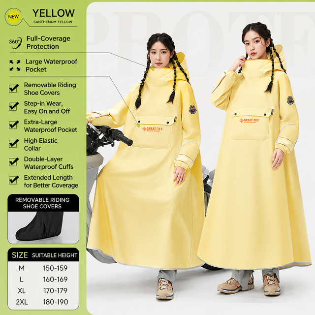 Yellow Full Coverage & Extended Cycling Hooded Rain Poncho with Detachable Shoe Covers, XL Size – Thickened Waterproof Oxford Motorcycle Raincoat with Face-Protection Elastic Collar, Large Storage Pocket and Foldable Sleeve Cover for Men Women Outdoor Use