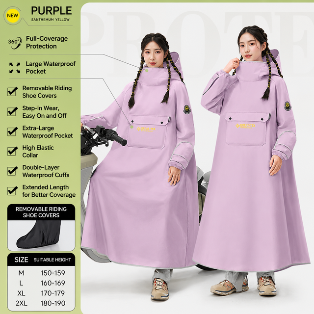 Purple Full Coverage & Extended Cycling Hooded Rain Poncho with Detachable Shoe Covers, L Size – Thickened Waterproof Oxford Motorcycle Raincoat with Face-Protection Elastic Collar, Large Storage Pocket and Foldable Sleeve Cover for Men Women Outdoor Use