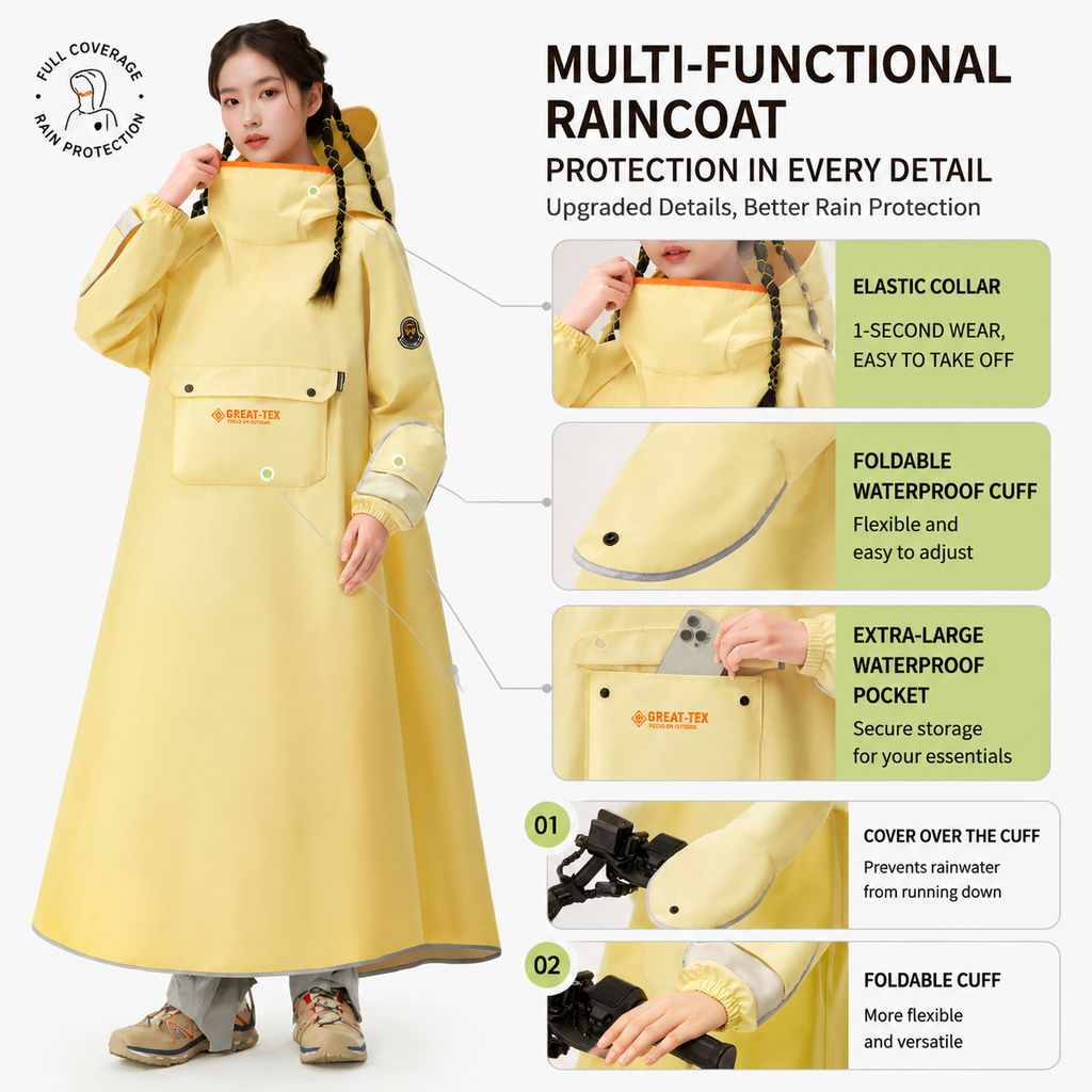 White Full Coverage & Extended Cycling Hooded Rain Poncho with Detachable Shoe Covers, M Size – Thickened Waterproof Oxford Motorcycle Raincoat with Face-Protection Elastic Collar, Large Storage Pocket and Foldable Sleeve Cover for Men Women Outdoor Use