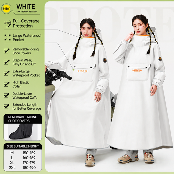 White Full Coverage & Extended Cycling Hooded Rain Poncho with Detachable Shoe Covers, XL Size – Thickened Waterproof Oxford Motorcycle Raincoat with Face-Protection Elastic Collar, Large Storage Pocket and Foldable Sleeve Cover for Men Women Outdoor Use