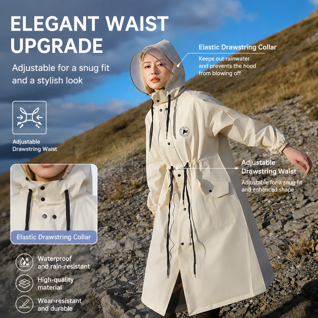White Full-Cover Hooded EVA Raincoat, Long Trench Coat Waterproof Rain Poncho with Adjustable Waist & Collar Drawstring, Zipper & Snap Windproof Closure, Extended Clear Brim and Covered Pockets for Dailywear Cycling Hiking Camping Use, L Size