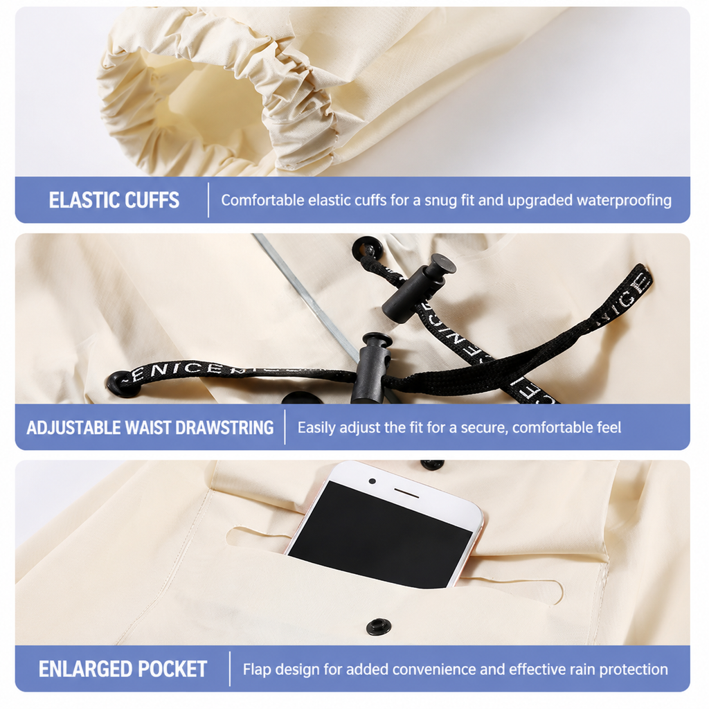 White Full-Cover Hooded EVA Raincoat, Long Trench Coat Waterproof Rain Poncho with Adjustable Waist & Collar Drawstring, Zipper & Snap Windproof Closure, Extended Clear Brim and Covered Pockets for Dailywear Cycling Hiking Camping Use, L Size