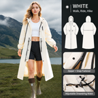 White Full-Cover Hooded EVA Raincoat, Long Trench Coat Waterproof Rain Poncho with Adjustable Waist & Collar Drawstring, Zipper & Snap Windproof Closure, Extended Clear Brim and Covered Pockets for Dailywear Cycling Hiking Camping Use, XL Size