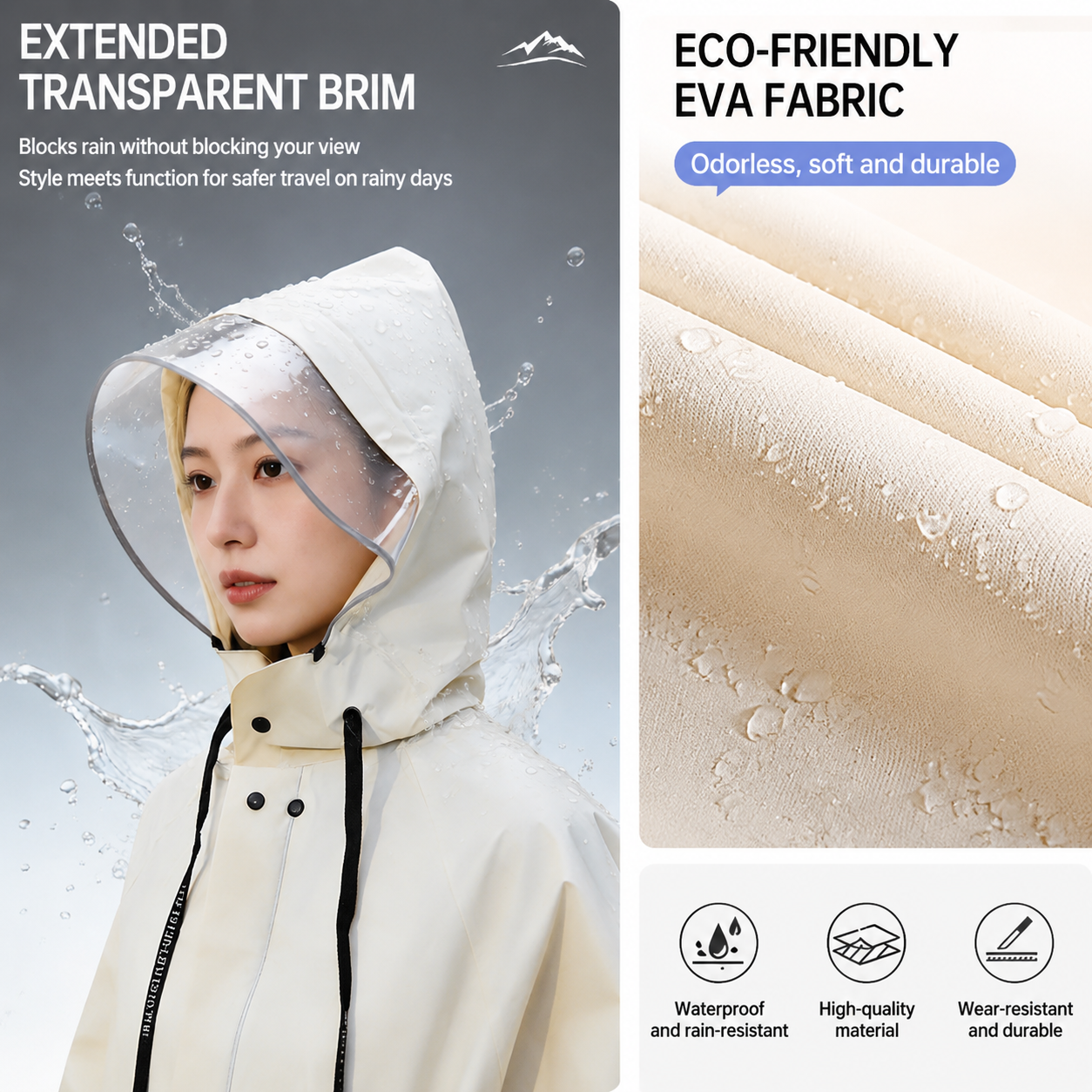 White Full-Cover Hooded EVA Raincoat, Long Trench Coat Waterproof Rain Poncho with Adjustable Waist & Collar Drawstring, Zipper & Snap Windproof Closure, Extended Clear Brim and Covered Pockets for Dailywear Cycling Hiking Camping Use, XL Size