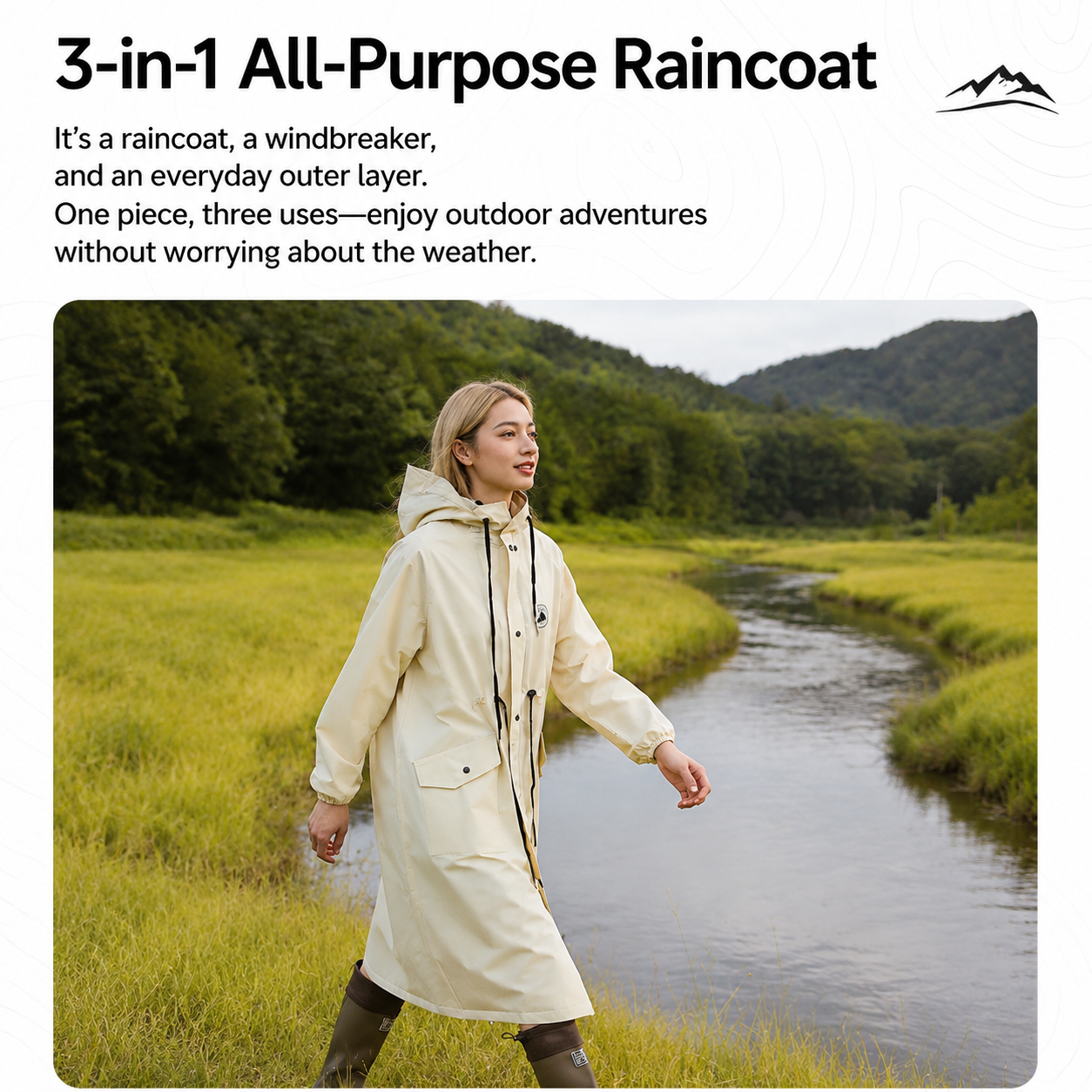 Green Full-Cover Hooded EVA Raincoat, Long Trench Coat Waterproof Windproof Rain Poncho with Adjustable Waist & Collar Drawstring, Extended Clear Brim and Covered Pockets for Dailywear Cycling Hiking Camping Use, L Size