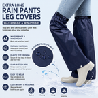 Navy Blue Waterproof Rain Leg Covers and Long Half Rain Pants, Quick Pull-On with Adjustable Elastic Top & Snap Closure Cuffs – Lightweight & Reusable, Windproof & Mudproof for Commuting, Cycling, Garden and Outdoor Activities (1 Pair 3XL)