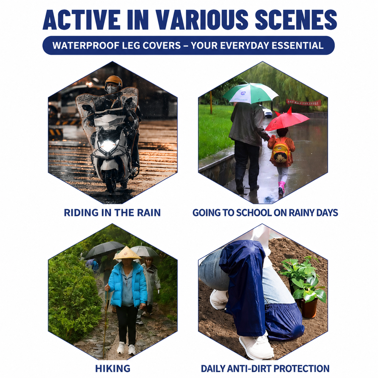 Navy Blue Waterproof Rain Leg Covers and Long Half Rain Pants, Quick Pull-On with Adjustable Elastic Top & Snap Closure Cuffs – Lightweight & Reusable, Windproof & Mudproof for Commuting, Cycling, Garden and Outdoor Activities (1 Pair 3XL)
