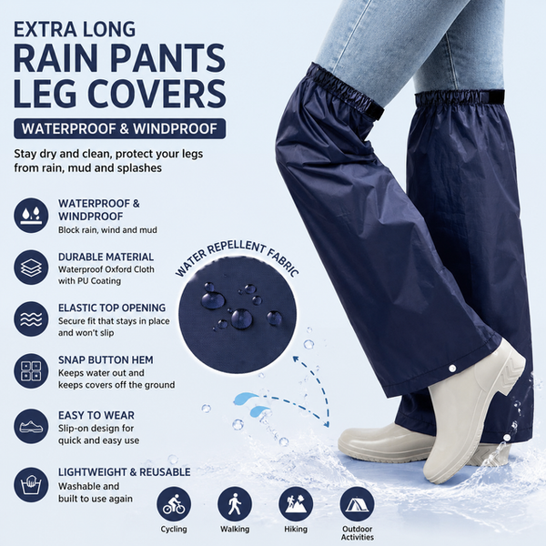 Navy Blue Waterproof Rain Leg Covers and Long Half Rain Pants, Quick Pull-On with Adjustable Elastic Top & Snap Closure Cuffs – Lightweight & Reusable, Windproof & Mudproof for Commuting, Cycling, Garden and Outdoor Activities (1 Pair 4XL)