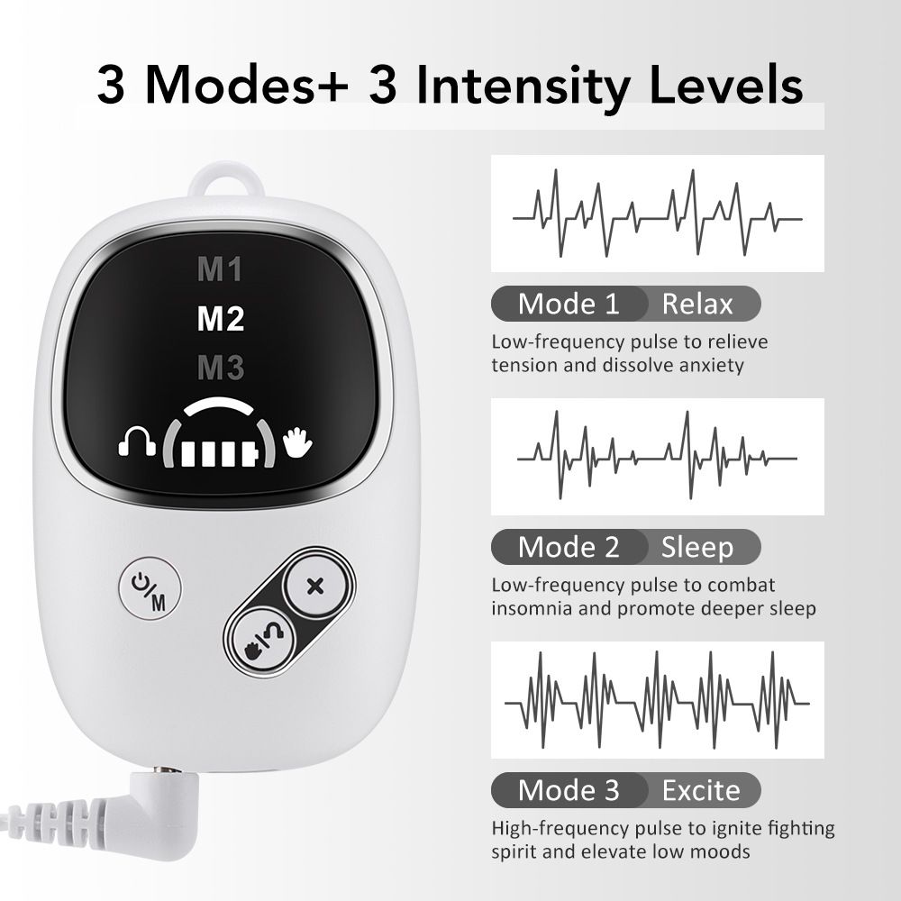 White Handheld CES Sleep Aid Device with Ear Clip - Dual Mode Microcurrent Relaxation, 3 Intensity Levels, USB Rechargeable, Portable Insomnia Relief for Home and Travel
