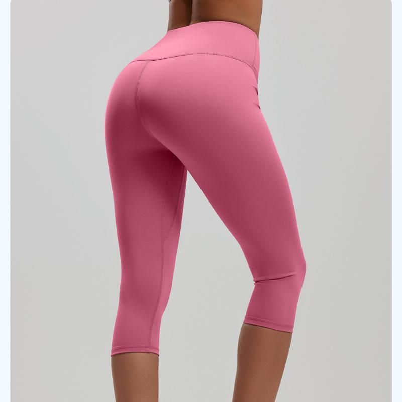 Pink M Size Women's High Waist 3/4 Yoga Leggings - Peach Hip Lift Design, Breathable Stretch Fabric for Gym Running and Daily Wear