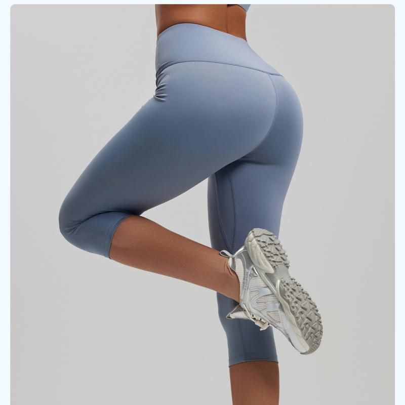 Dusty Blue S Size Women's High Waist 3/4 Yoga Leggings - Peach Hip Lift Design, Breathable Stretch Fabric for Gym Running and Daily Wear