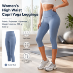 Dusty Blue M Size Women's High Waist 3/4 Yoga Leggings - Peach Hip Lift Design, Breathable Stretch Fabric for Gym Running and Daily Wear