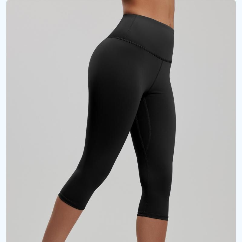 Black L Size Women's High Waist 3/4 Yoga Leggings - Peach Hip Lift Design, Breathable Stretch Fabric for Gym Running and Daily Wear