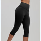 Black XL Size Women's High Waist 3/4 Yoga Leggings - Peach Hip Lift Design, Breathable Stretch Fabric for Gym Running and Daily Wear