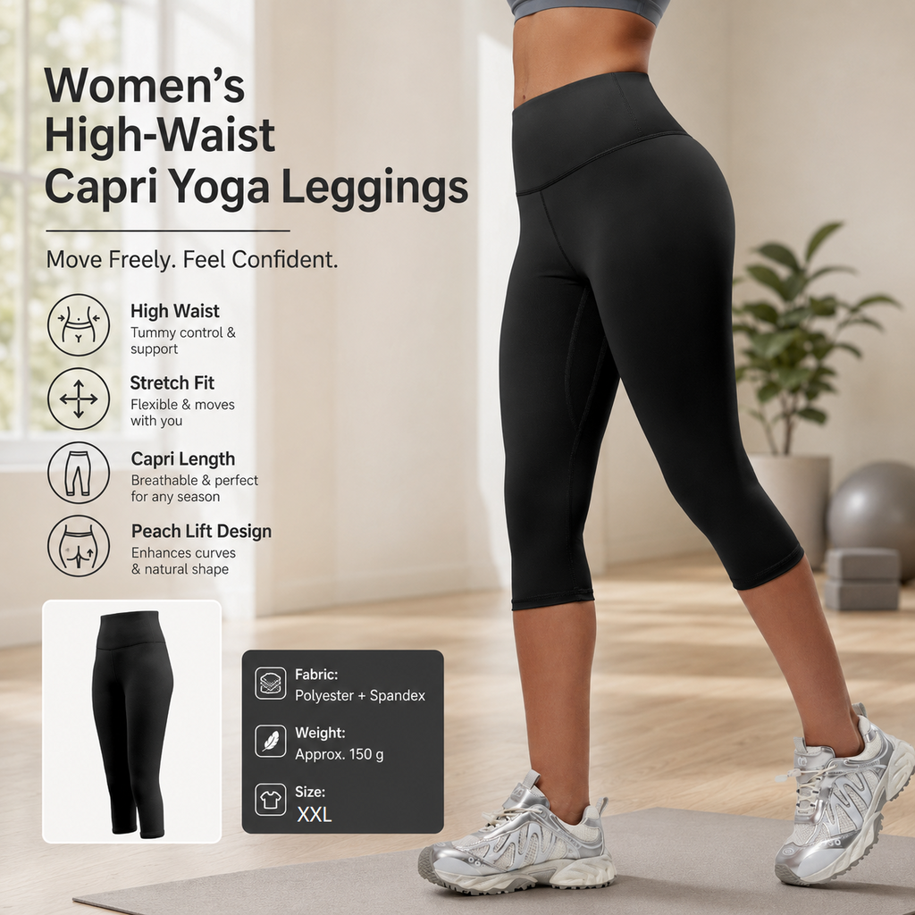 Black XXL Size Women's High Waist 3/4 Yoga Leggings - Peach Hip Lift Design, Breathable Stretch Fabric for Gym Running and Daily Wear